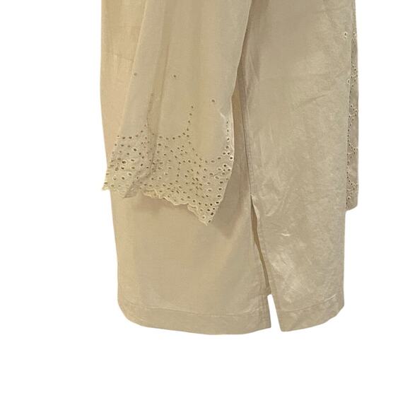 06 Paperwhite Women Collared Long Sleeve Lace Edge Tan Button Down Tunic Blouse - Picture 9 of 10